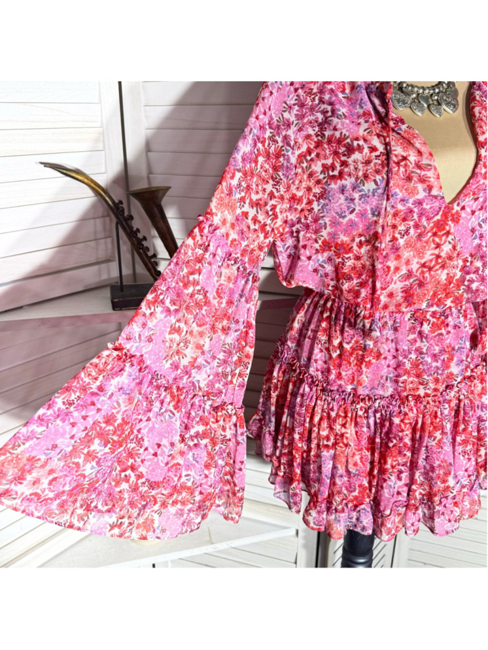 Misa Los Angeles chiffon babydoll floral mini dress Angel sleeves boho Fairy XS